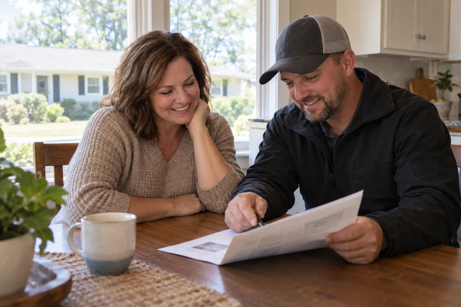 A homeowner reviewing a written roof estimate at the kitchen table
